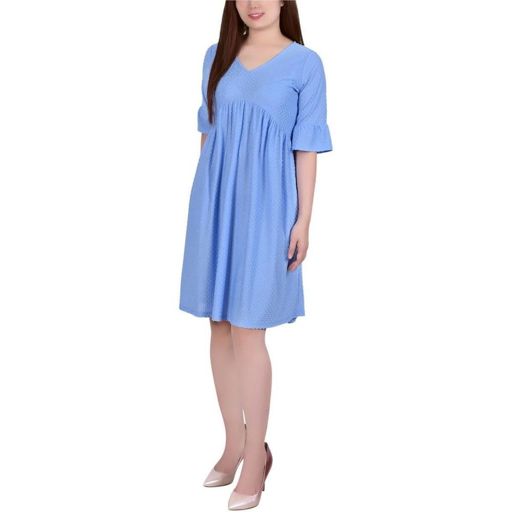 NY Women's Petite Elbow Sleeve Swiss Dot Empire Dress Navy